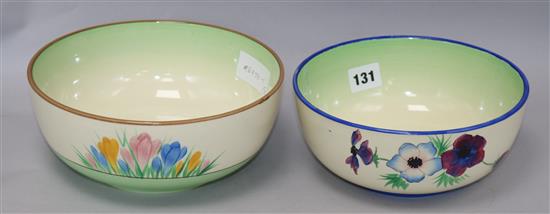A Clarice Cliff spring crocus bowl and a pansies bowl largest diameter 22cm